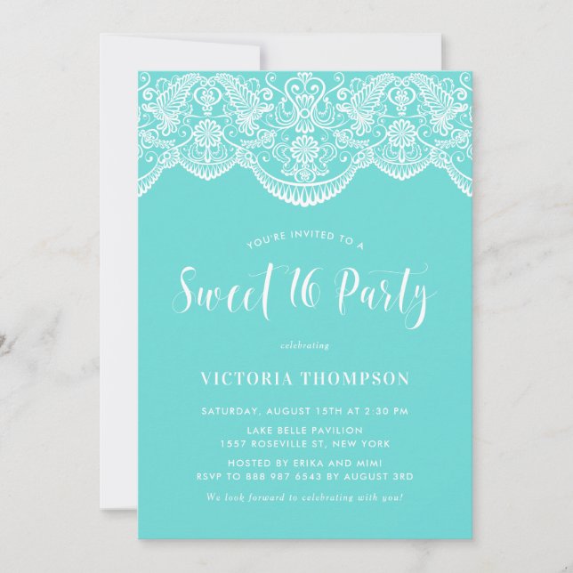 White Brocade Lace Blue Sweet 16 Party Invitation (Front)