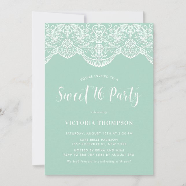 White Brocade Lace Mint Green Sweet 16 Party Invitation (Front)