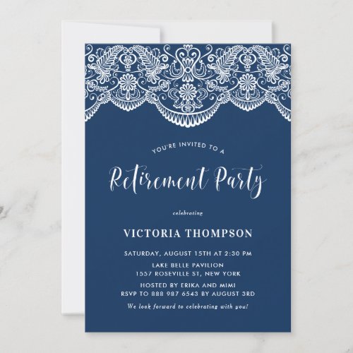 White Brocade Lace Navy Blue Retirement Party Invitation