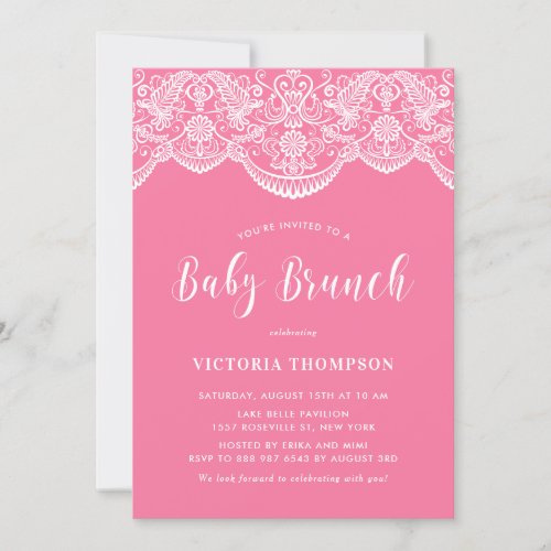 White Brocade Lace Pink Baby Brunch Invitation