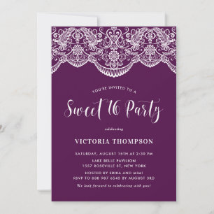 White Brocade Lace Purple Sweet 16 Party Invitation