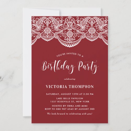 White Brocade Lace Red Birthday Party Invitation