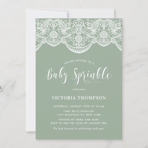 White Brocade Lace Sage Green Baby Sprinkle Invitation