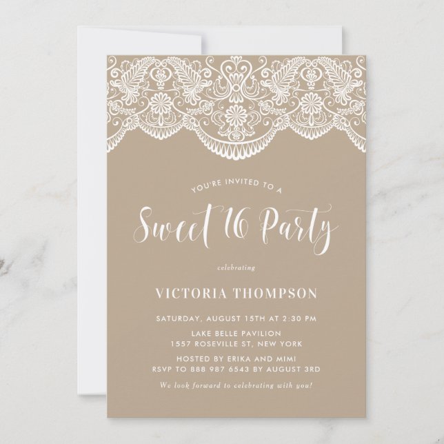 White Brocade Lace Taupe Sweet 16 Party Invitation (Front)