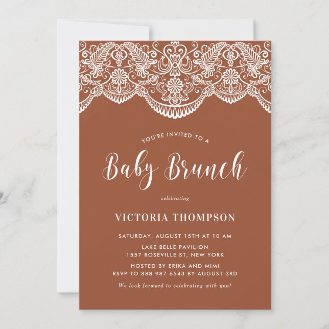 White Brocade Lace Terracotta Baby Brunch Invitation (Front)