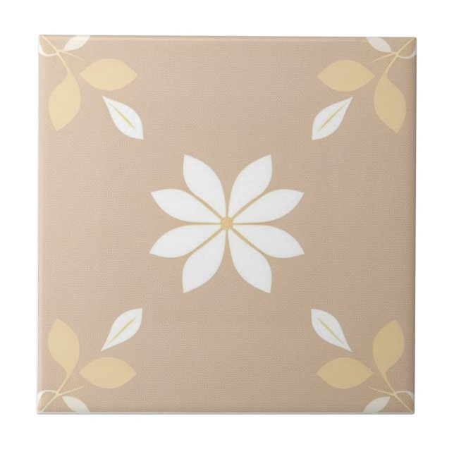 White, brown and yellow floral ceramic tile (Front)