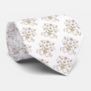 White brown blue floral pattern neck tie