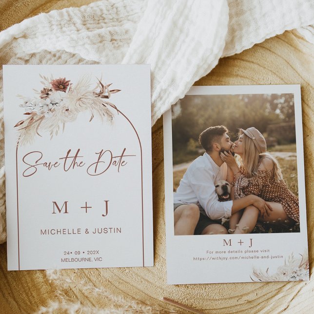 White Brown Boho Floral Arch Save The Date Card (Creator Uploaded)
