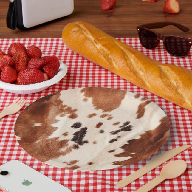 White Brown Cowhide Animal Print Paper Plates (Picnic)