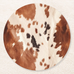 White Brown Cowhide Animal Print Round Paper Coaster
