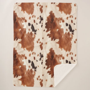 White Brown Cowhide Animal Print Sherpa Blanket