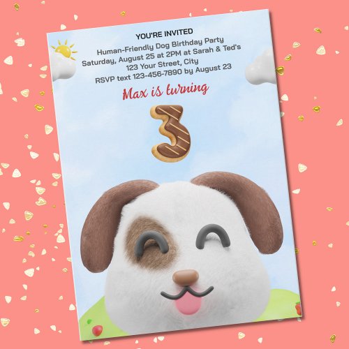 White Brown Dog with Pink Tongue Dog Birthday 3D Invitation