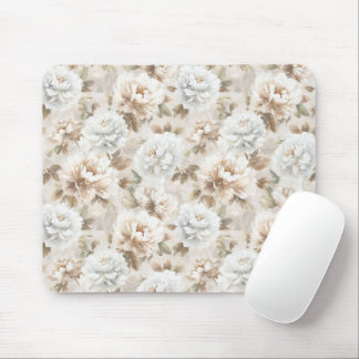 White Brown Flowers Mouse Pad