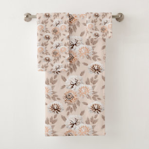 White, brown flowers on a cream background. bath towel set