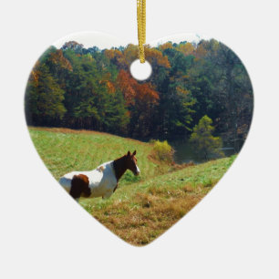 White & Brown horse, Autumn pond Ceramic Ornament