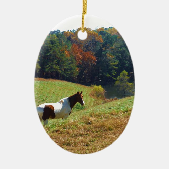 White & Brown horse, Autumn pond Ceramic Ornament (Front)
