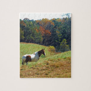 White & Brown horse, Autumn pond Jigsaw Puzzle