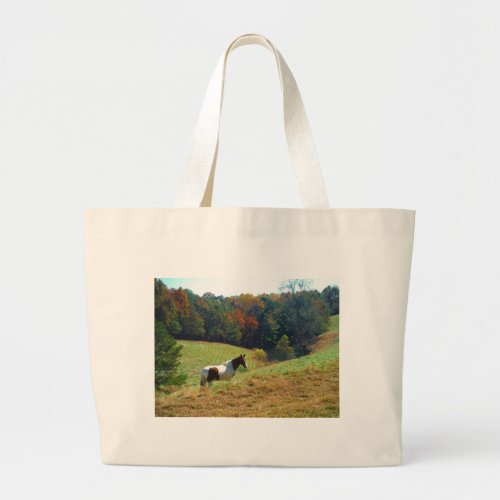 White  Brown horse Autumn pond Large Tote Bag