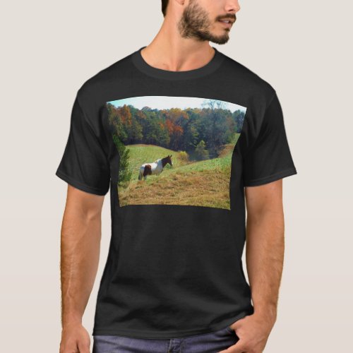 White  Brown horse Autumn pond T_Shirt