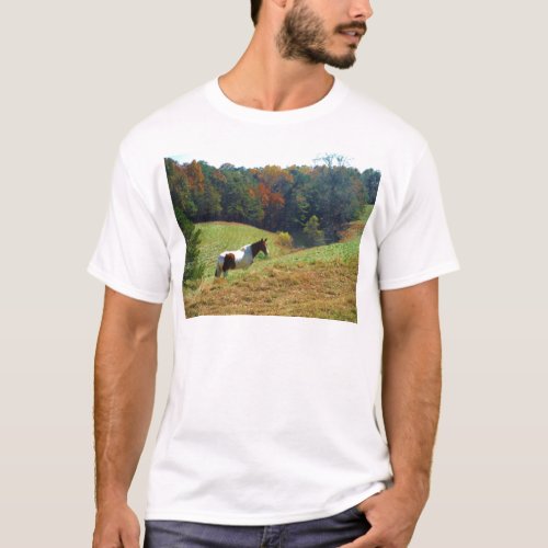 White  Brown horse Autumn pond T_Shirt