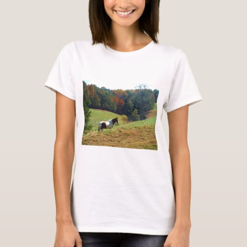 White  Brown horse Autumn pond T_Shirt