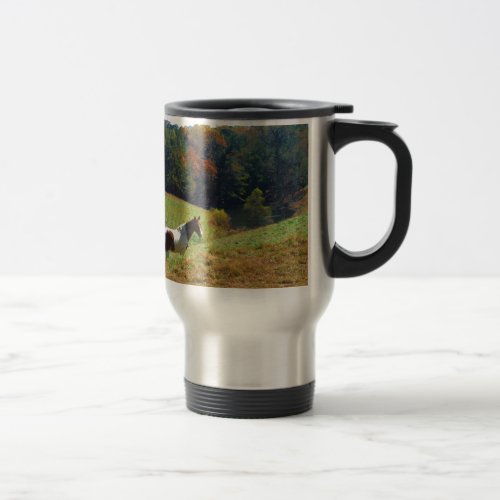 White  Brown horse Autumn pond Travel Mug