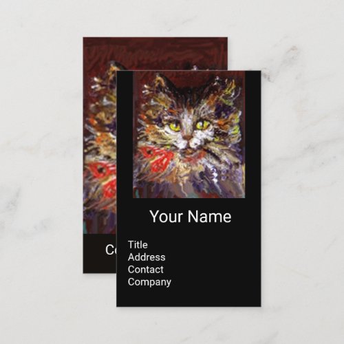 WHITE BROWN KITTY CAT PORTRAITRED RIBBON Black Business Card