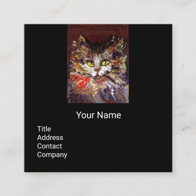WHITE BROWN KITTY CAT PORTRAIT,RED RIBBON Black Square Business Card (Front)