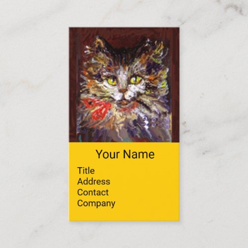 WHITE BROWN KITTY CAT PORTRAITRED RIBBON Yellow Business Card