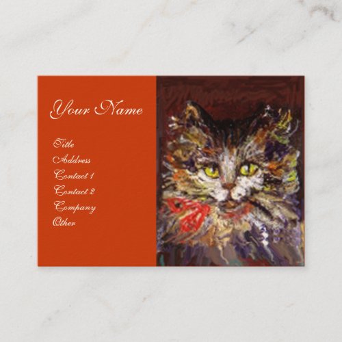 WHITE BROWN KITTY CAT PORTRAIT WITH RED RIBBON BUSINESS CARD