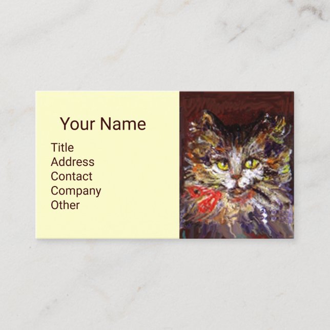 WHITE BROWN KITTY CAT PORTRAIT WITH RED RIBBON BUSINESS CARD (Front)