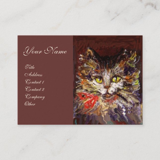 WHITE BROWN KITTY CAT PORTRAIT WITH RED RIBBON BUSINESS CARD (Front)