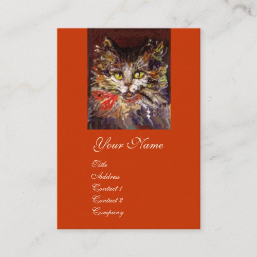 WHITE BROWN KITTY CAT PORTRAIT WITH RED RIBBON BUSINESS CARD