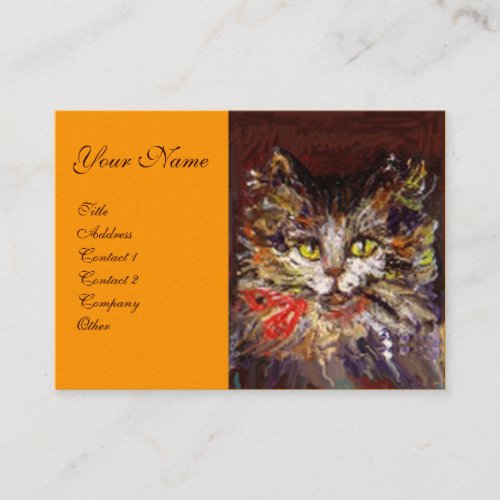 WHITE BROWN KITTY CAT PORTRAIT WITH RED RIBBON BUSINESS CARD