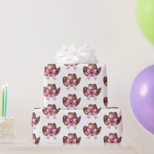 White Brown Pink Bow Cowgirl Hats Birthday Wrapping Paper
