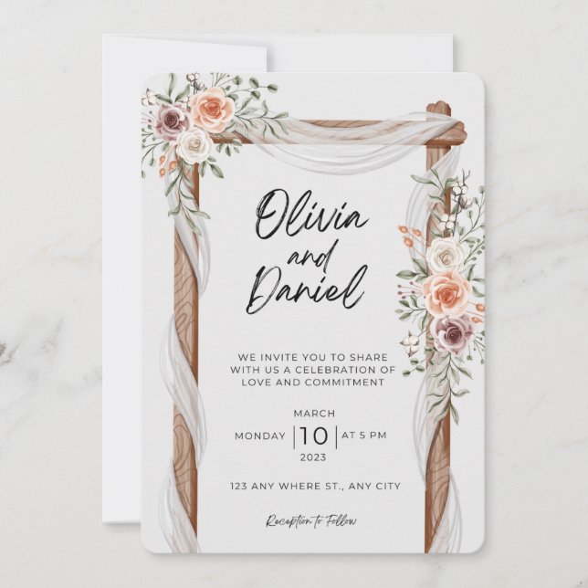 White Brown Rustic Floral Free Wedding Invitation (Front)