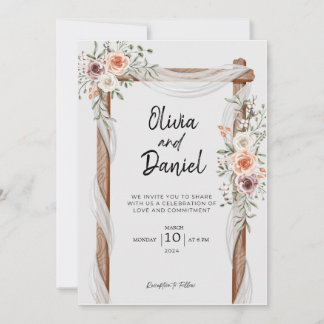 White Brown Rustic Floral Wedding Invitation