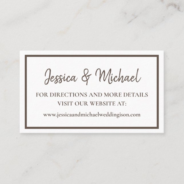 White Brown Script Wedding Website Business Card (Front)