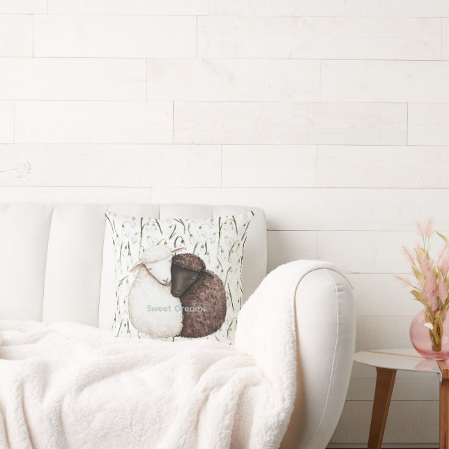 White Brown Sheep Flowers  Throw Pillow (Couch)