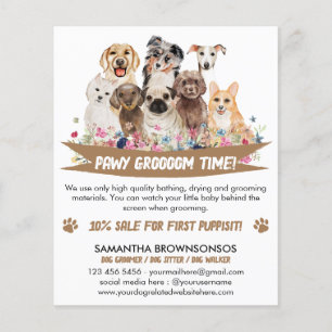 White Brown Simple Floral Illustrated Dog groomer Flyer