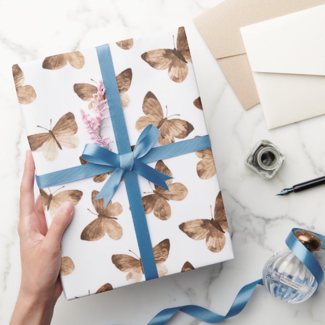 White Brown Spring Butterflies Birthday Wrapping Paper (Gifting)