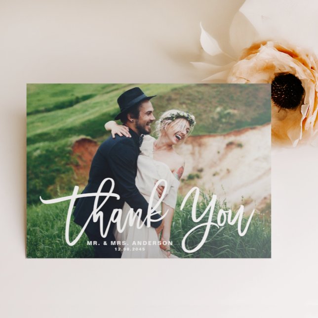 White Brush Calligraphy Script Thank You Photo Card (Creator Uploaded)