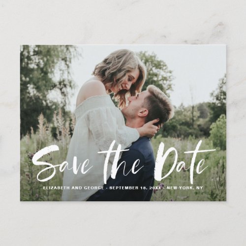 White Brush Hand Lettered Photo Save The Date Announcement Postcard