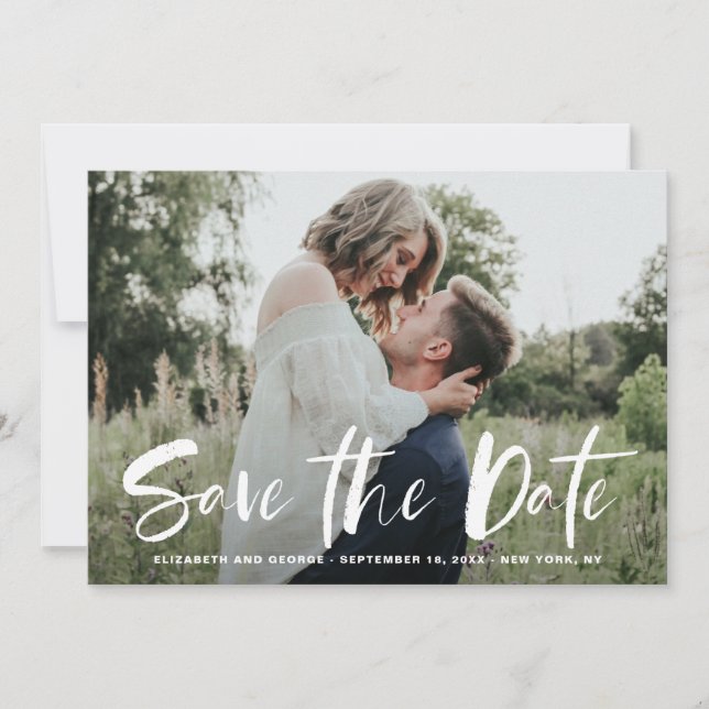 White Brush Hand Lettered Photo Save The Date Card (Front)