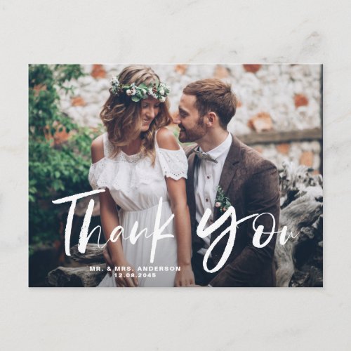 White Brush Hand Lettered Photo Wedding Thank You Postcard