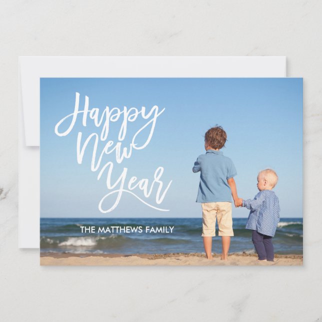 White Brush Script Happy New Year Photo Holiday Card (Front)