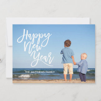 White Brush Script Happy New Year Photo Holiday Card