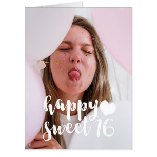White Brush Script Happy Sweet 16 2 Photos Card
