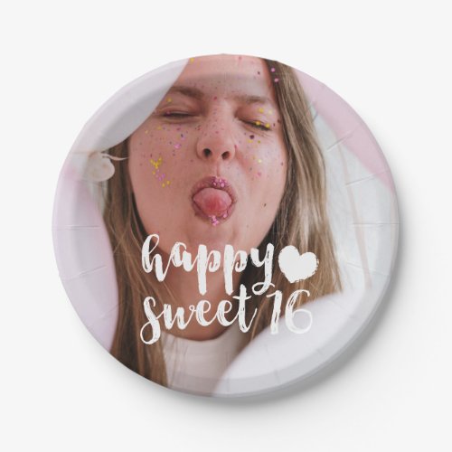 White Brush Script Happy Sweet 16 Photo Paper Plates