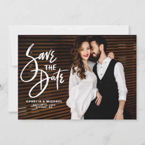 White Brush Script Lettering Photo Save The Date